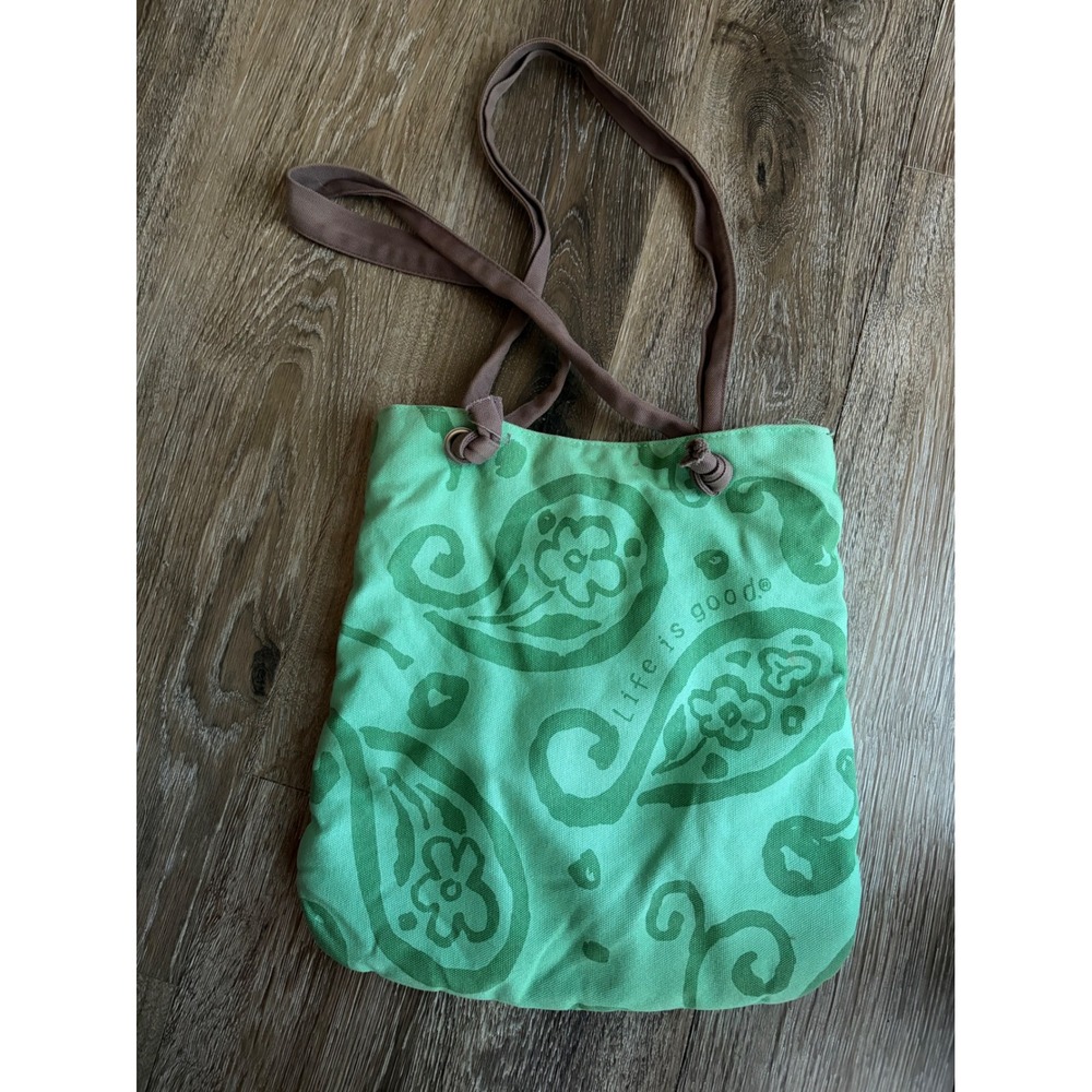 Life Is Good Green Canvas Paisley Shoulder Bag Knot Handles Magnetic Closure
